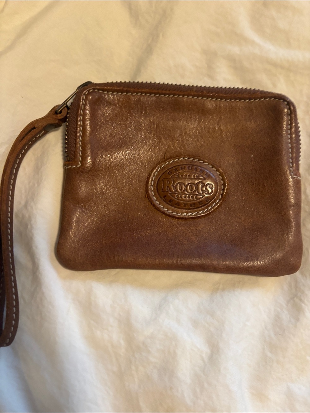 Roots Brown Leather Wristlet Pouch with Logo